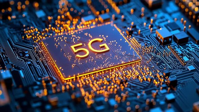Glowing 5g logo on a printed circuit board, highlighting the speed and power of next generation wireless networks with futuristic orange lights, symbolizing innovation