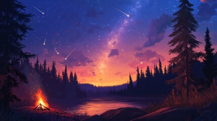 Campfire Under a Starry Sky with Shooting Stars and Reflecting Lake at Dusk