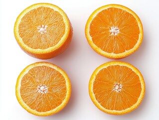 Fototapeta premium Four halved oranges displayed on a white surface.