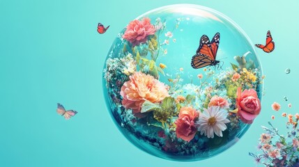 A spherical world of nature, containing a bird, butterfly, and flowers within a glass sphere. This creative illustration features a turquoise blue background, with a fantastical