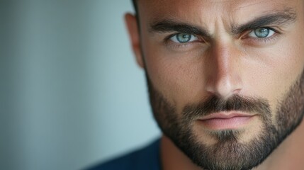 Obraz premium Intense close-up of a bearded man with vibrant blue eyes, showcasing captivating features and strong expression.