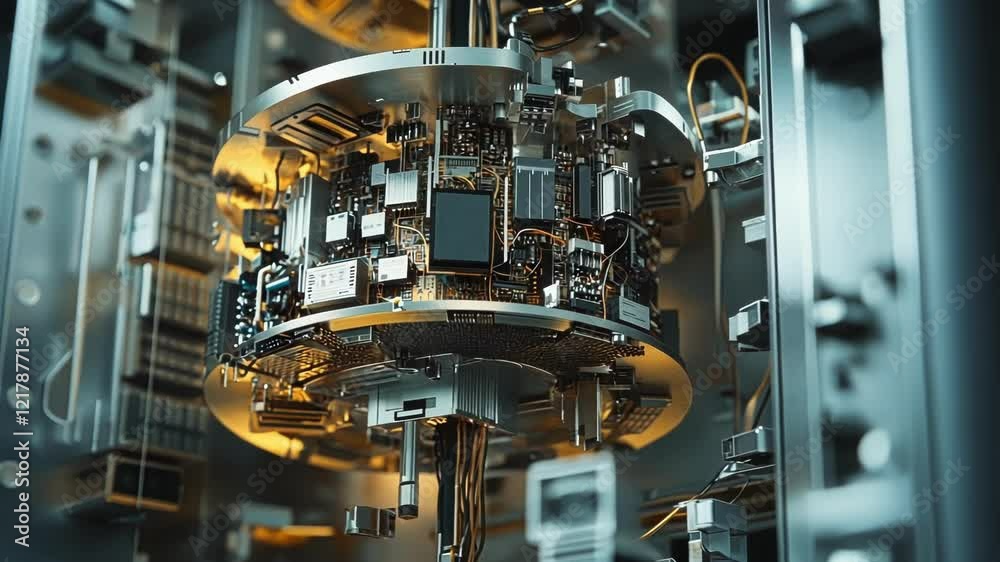 Aufkleber quantum computing core processing data, illuminating surrounding complex circuitry and components wi