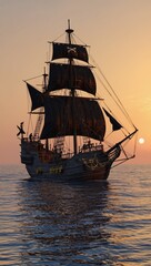 Obraz premium Sunset Silhouette of a Majestic Black Pirate Ship Sailing on Calm Ocean Waters at Golden Hour