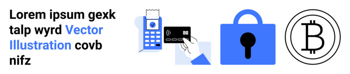 Credit card being swiped through a payment terminal, blue lock icon, Bitcoin cryptocurrency symbol. Ideal for finance, technology, security, e-commerce, digital transactions, online payments