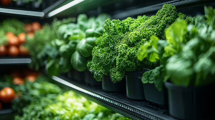 Vertical farm in an office building growing green vegetables and herbs on shelves minimalistic bright tone modern blurred background with empty blank space on the side symbolizing innovation

