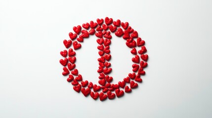 Peace symbol made of red hearts on a white background.