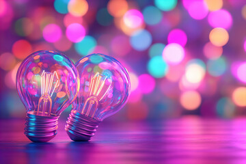Vibrant glowing light bulbs with colorful neon filaments, perfect for creative designs, innovation themes, modern decor, technology concepts, and festive celebrations with abstract bokeh backgrounds