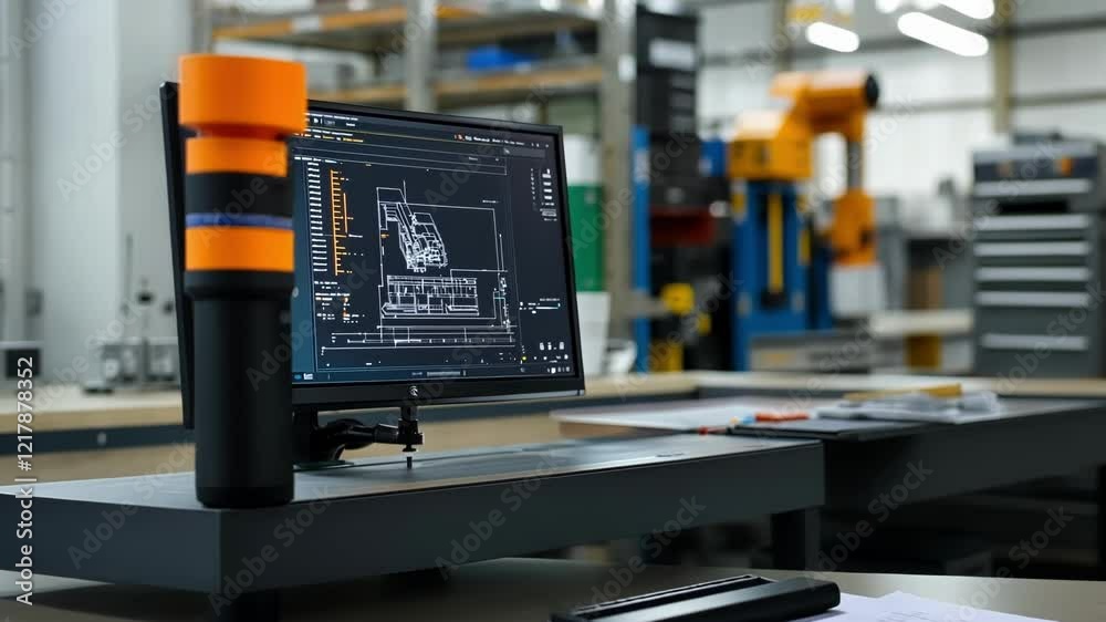 Poster modern computer displaying cad software designing industrial automation process inside a factory, sh