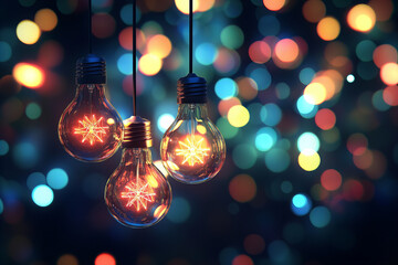 Vibrant glowing light bulbs with colorful neon filaments, perfect for creative designs, innovation themes, modern decor, technology concepts, and festive celebrations with abstract bokeh backgrounds