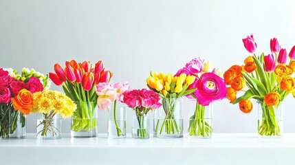   Row of colorful vases atop white countertop against white wall backdrop