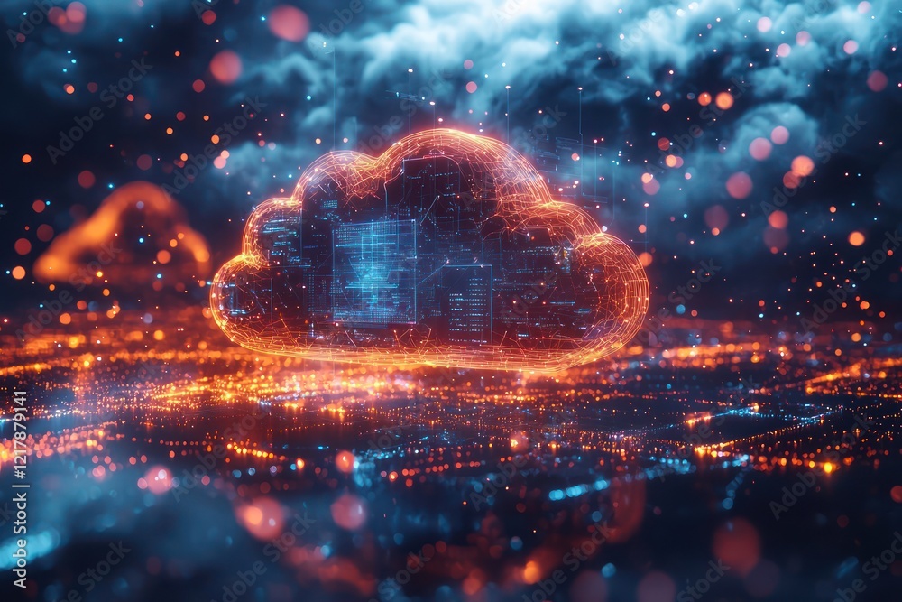 Poster conceptual cloud computing focus with cybernetic elements and server connectivity icons, representin