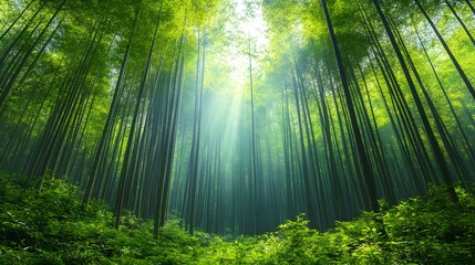 Serene Sunlit Bamboo Forest with Lush Greenery and Tall Trees
