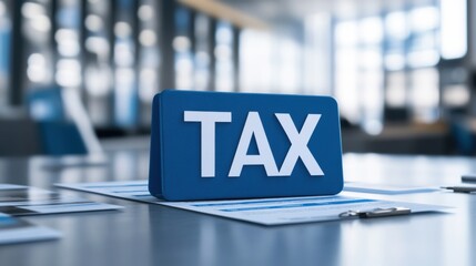 Fototapeta premium Tax Concept with Blue Sign on Desk Surrounded by Financial Documents Inside Modern Office