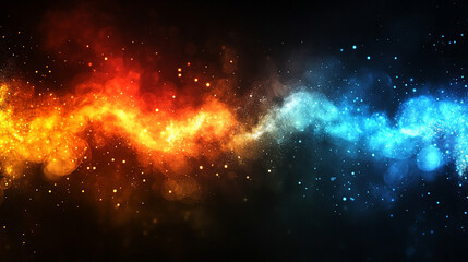 Naklejka premium Abstract horizontal line of light glowing blue and orange at the horizon against a black background with minimalistic bright tone blurred modern design with blank caption space on the side