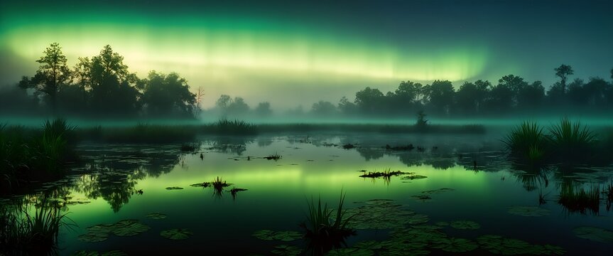Green lights of the aurora reflecting in marshy pools