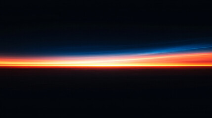 Abstract horizontal line of light glowing blue and orange at the horizon against a black background with minimalistic bright tone blurred modern design with blank caption space on the side

