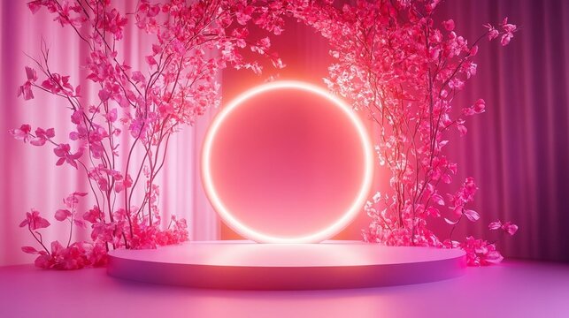podium de pr&eacute;sentation rond entour&eacute; par des branchages recouverts de feuilles roses en forme de ceur - fond rose