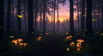 A twilight forest where fireflies dance among the glowing mushrooms 