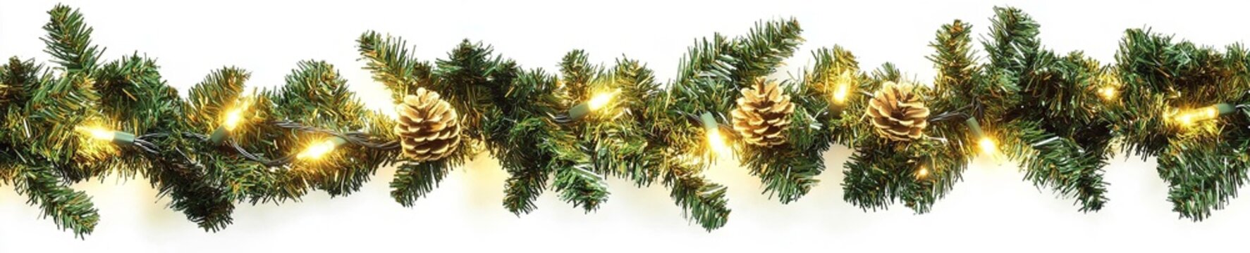 frise de no&euml;l avec branches de sapins et guirlande &eacute;lectrique - fond blanc