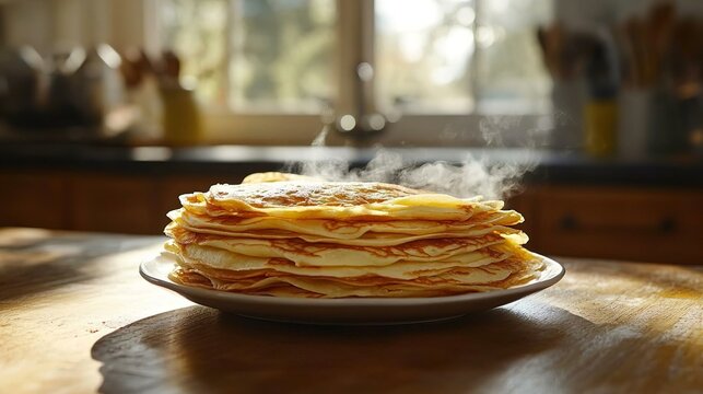 assiette remplie de cr&ecirc;pes fumantes pos&eacute;e sur une table de cuisine
