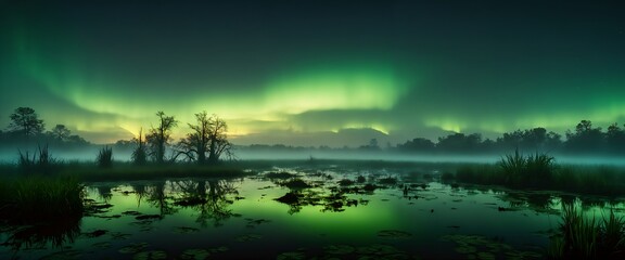 Naklejka premium Aurora borealis casting green hues on wetland fields
