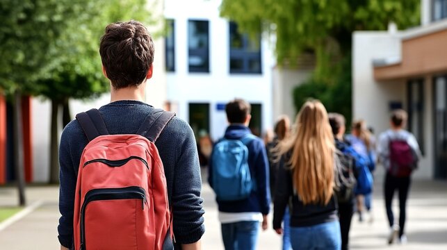 des coll&eacute;giens le jour de la rentr&eacute;e scolaire devant un coll&egrave;ge - vus de dos
