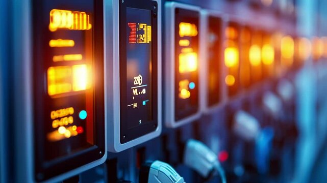 Row of electric vehicle charging stations displaying real time energy consumption and power supply information, illuminating the transition to sustainable transportation