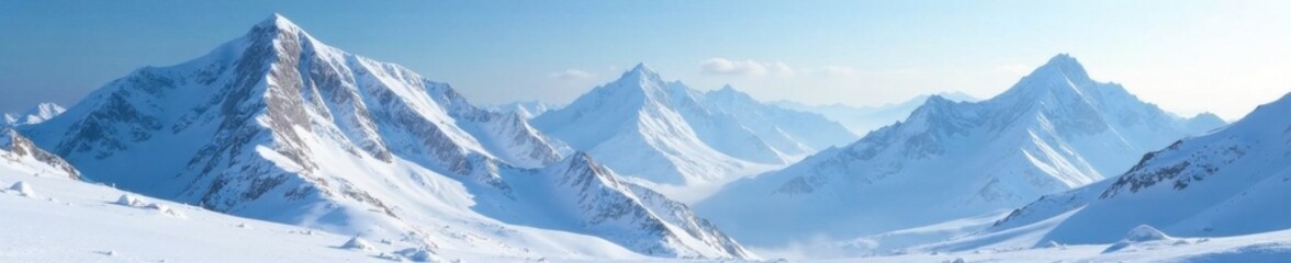 Frosty mountain landscape with snow-covered peaks, cold, winter