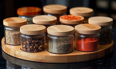 Assortment of Spices in Wooden Rotating Organizer