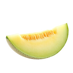 Fresh yellow honeydew melon slice on a clean transparent background showcasing its juicy interior and unique texture, yellow honeydew melon slice isolated on transparent background