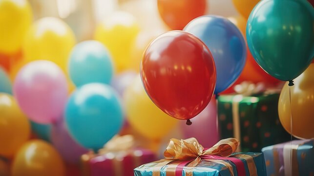 Birthday balloons and gifts, close-up of colorful balloons and wrapped presents, vibrant party setting