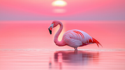 Naklejka premium Against a stunning backdrop of warm sunset colors, a flamingo stands serenely in a calm lake, creating a perfect moment of harmony in nature. The soft ripples enhance the serene atmosphere