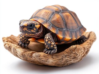 Obraz premium A realistic turtle figurine resting on a wooden base.