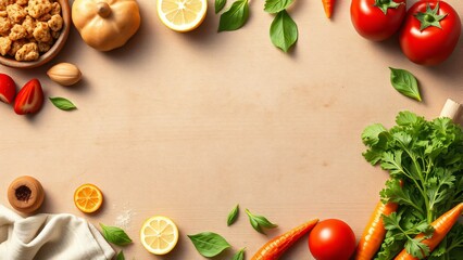 Fresh and Vibrant Ingredients Border on Beige Background - Food Photography