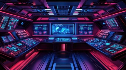 Obraz premium Futuristic sci fi spacecraft interior with a neon lit digital control panel dashboard and immersive interface Sleek advanced and technologically sophisticated design creating a captivating cinematic