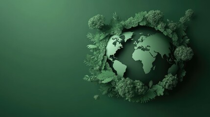 Fototapeta premium Paper cutout illustration, Earth Day poster of the Earth with trees and plants on it, dark green background