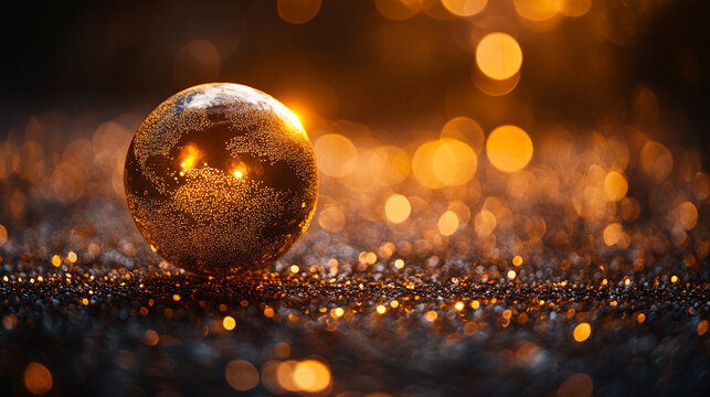 Holographic globe on a gold silver white bright background symbolizing global connectivity and data transfer in a cyber technology theme minimalistic bright tone modern blurred empty caption space

