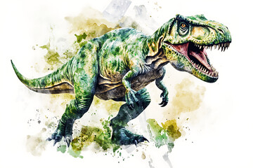Obraz premium A vibrant watercolor illustration of a roaring Tyrannosaurus rex dinosaur.