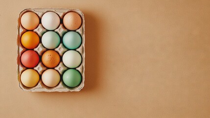Obraz premium An orange and green egg rests on a brown table with a carton of eggs beside it
