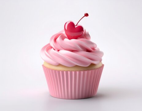 Sweet pink cupcake featuring heart shaped cherry garnish, creamy frosting swirl against pristine background