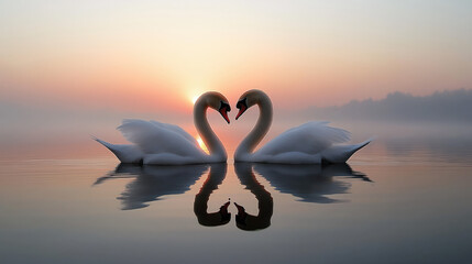 Two elegant swans glide across a mirror-like lake at dawn, their graceful forms perfectly reflecting the soft hues of the sunrise in a peaceful moment of unity