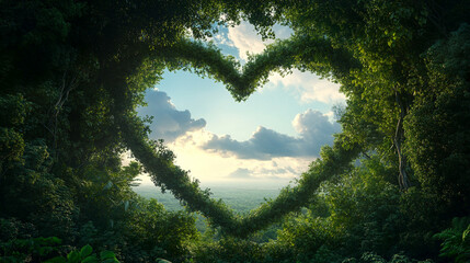 Heart-shaped tree frame with sky visible through branches symbolizing love unity and connection minimalistic bright tone modern blurred background blank caption space emphasizing nature's harmony

