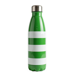 Green and white striped reusable water bottle on white background