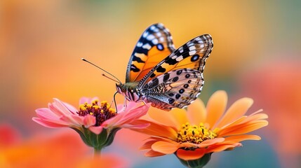 Obraz premium Butterfly on flower, close-up of delicate wings and vibrant flower petals, soft sunlight