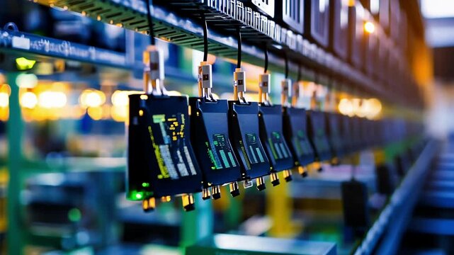 Mobile phone production line with hanging smartphones undergoing automated testing and quality control checks in a modern factory, ensuring high standards before packaging and distribution