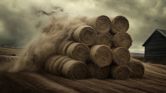 A dramatic scene of hay bales on a cloudy day, showcasing earthy tones and dynamic movement.