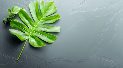 Tropical leaf on gray background, copy space