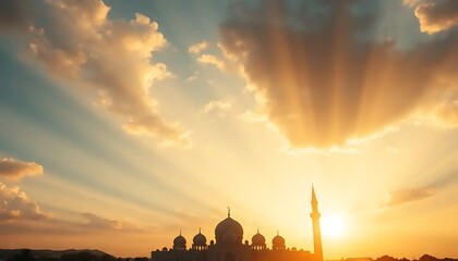 Obraz premium Majestic Mosque Silhouette at Sunset Golden Sky