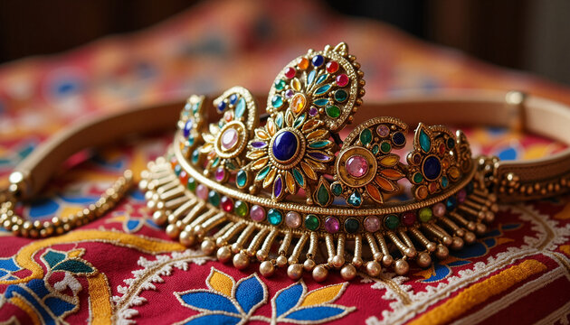 Elegant Rajasthani borla resting on colorful embroidered cloth, heritage adornment, Indian Traditional Jewelry, Raksha Bandhan 