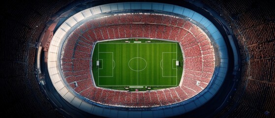 Aerial View of a Packed Soccer Stadium with Green Field and Fans in Red and Yellow Seats Ready for Matchday